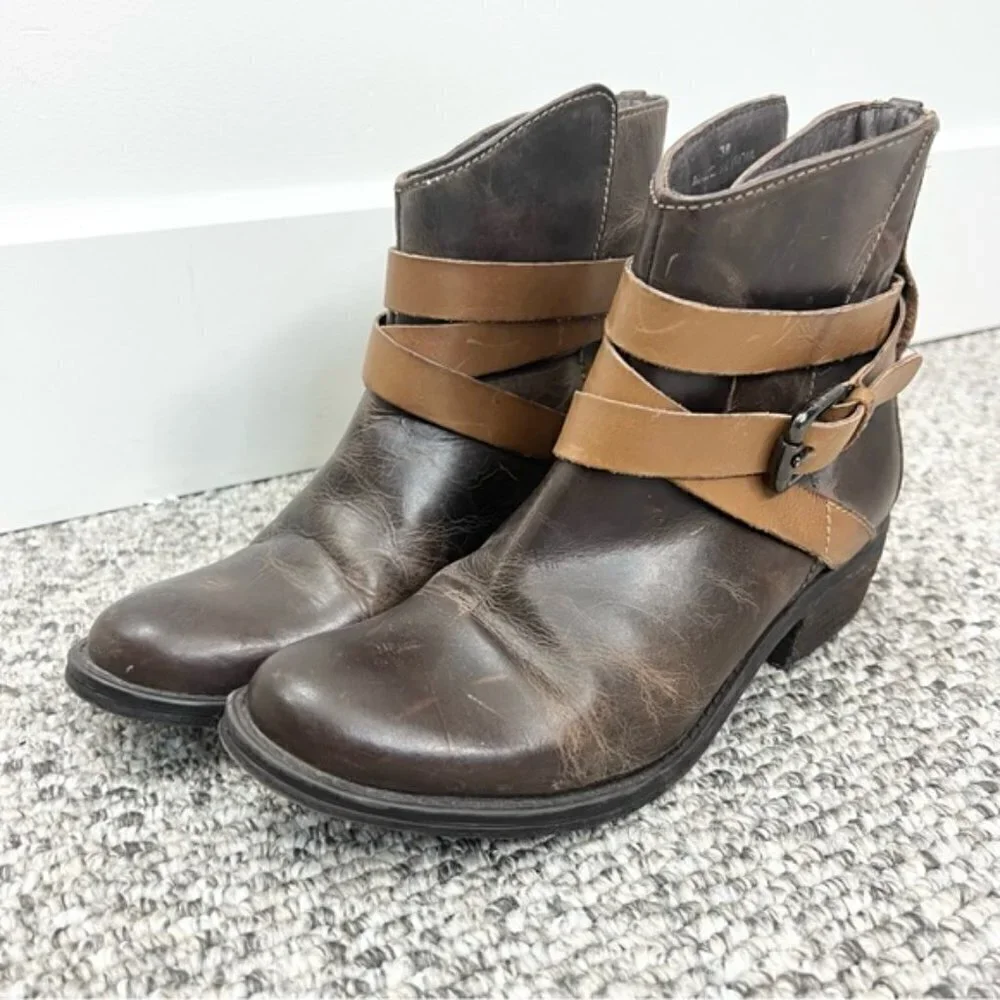RUDSAK Montreal brown leather distressed buckle moto ankle boots 38